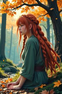 Anime style s Wattled Jacana from Lord of the Rings universe, Longer Braids firebrick hair, autumn, ground level shot