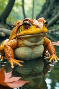 Anime style s Sehuencas Water Frog from Doom universe, Mullet ochre hair, autumn, hip level shot