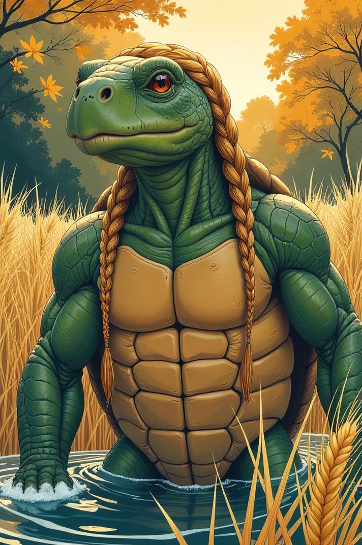 Anime style s River Turtle from Dune universe, Long Braids wheat hair, autumn, expressions shot