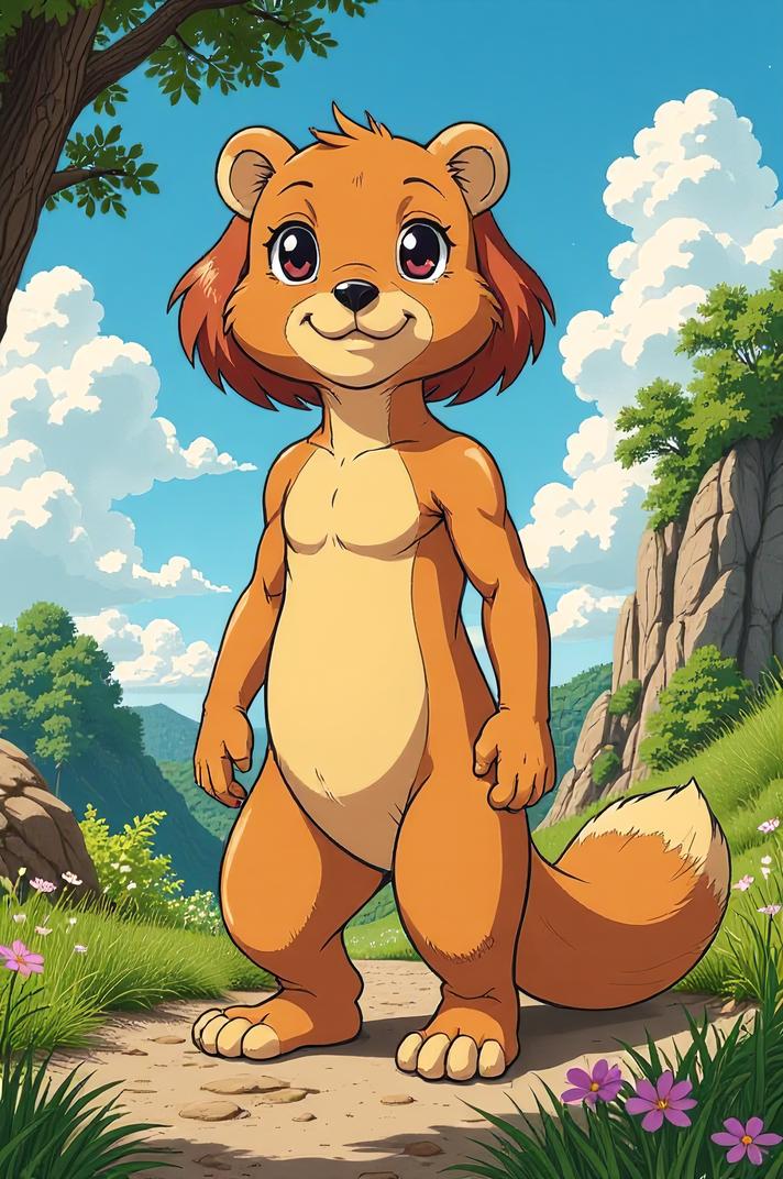 Anime style s Prairie Dog from Alien universe, Bob brown hair, summer, full body shot