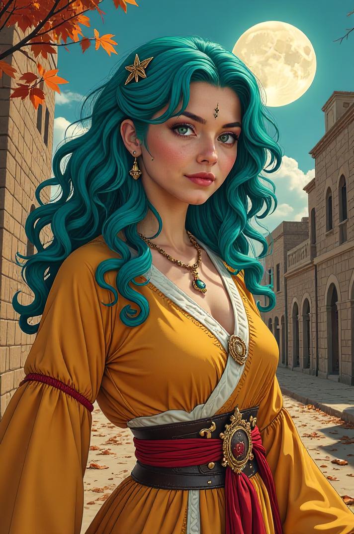anime style masterpiece,best quality , Top Curls turquoise hair, autumn