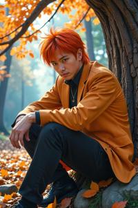 Anime style s Orange Roughy from Fifth Element universe, Bob myrtle hair, autumn, knee level shot