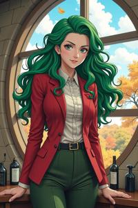 asian anime style marvel Domino masterpiece,best quality , asian anime, Long Curly office green hair