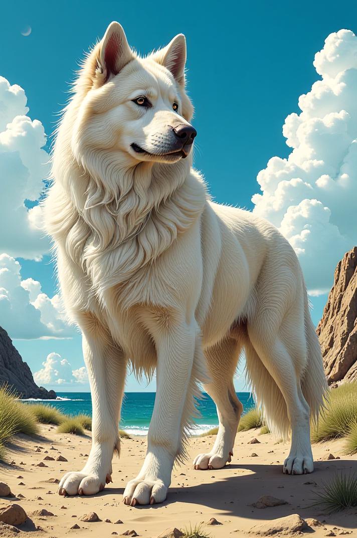 Anime style s Great Pyrenees from Mad Max universe, Center Parting ultramarine hair, summer, ground level shot