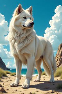 Anime style s Great Pyrenees from Mad Max universe, Center Parting ultramarine hair, summer, ground level shot