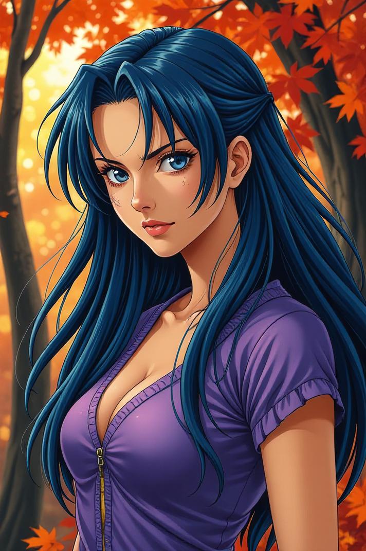 Anime style s German Longhaired Pointer from Mortal kombat universe, Long Center Parting cobalt hair, autumn, from below shot