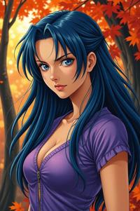 Anime style s German Longhaired Pointer from Mortal kombat universe, Long Center Parting cobalt hair, autumn, from below shot
