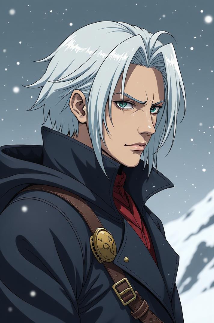 Anime style s Albatross from Warhammer , universe, Right Parting quartz grey hair, winter