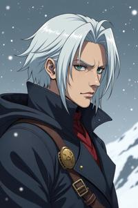Anime style s Albatross from Warhammer , universe, Right Parting quartz grey hair, winter