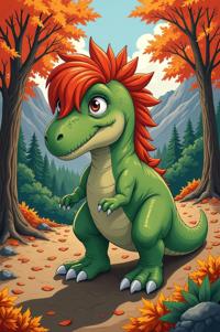 Anime style s Supersaurus from South Park universe, Mullet auburn hair, autumn, high angle shot