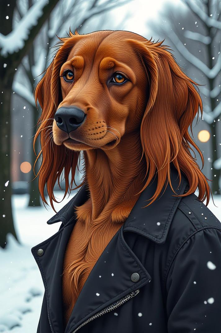 Anime style s Wirehaired Vizsla from John Wick universe, Long Center Parting terra cotta hair, winter, full body shot