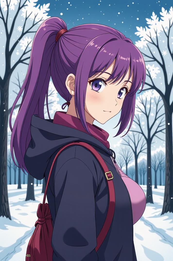 anime style masterpiece,best quality , Pulled Back amethyst hair, winter