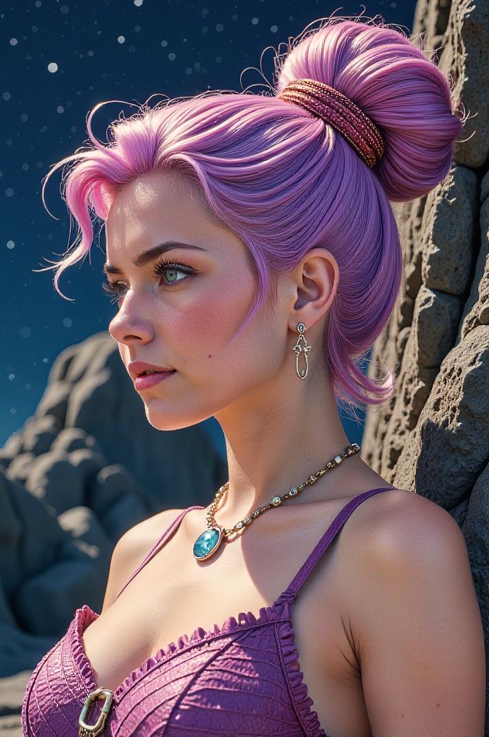 Anime style s Burmese Python from Star Wars universe, Bun amethyst hair, summer, low angle shot