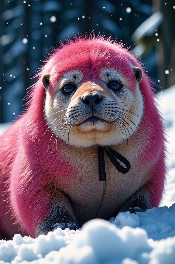 Anime style s Fur Seal from Mad Max universe, Grungey Long fuchsia hair, winter, low angle shot