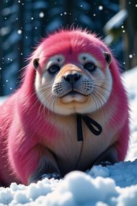Anime style s Fur Seal from Mad Max universe, Grungey Long fuchsia hair, winter, low angle shot