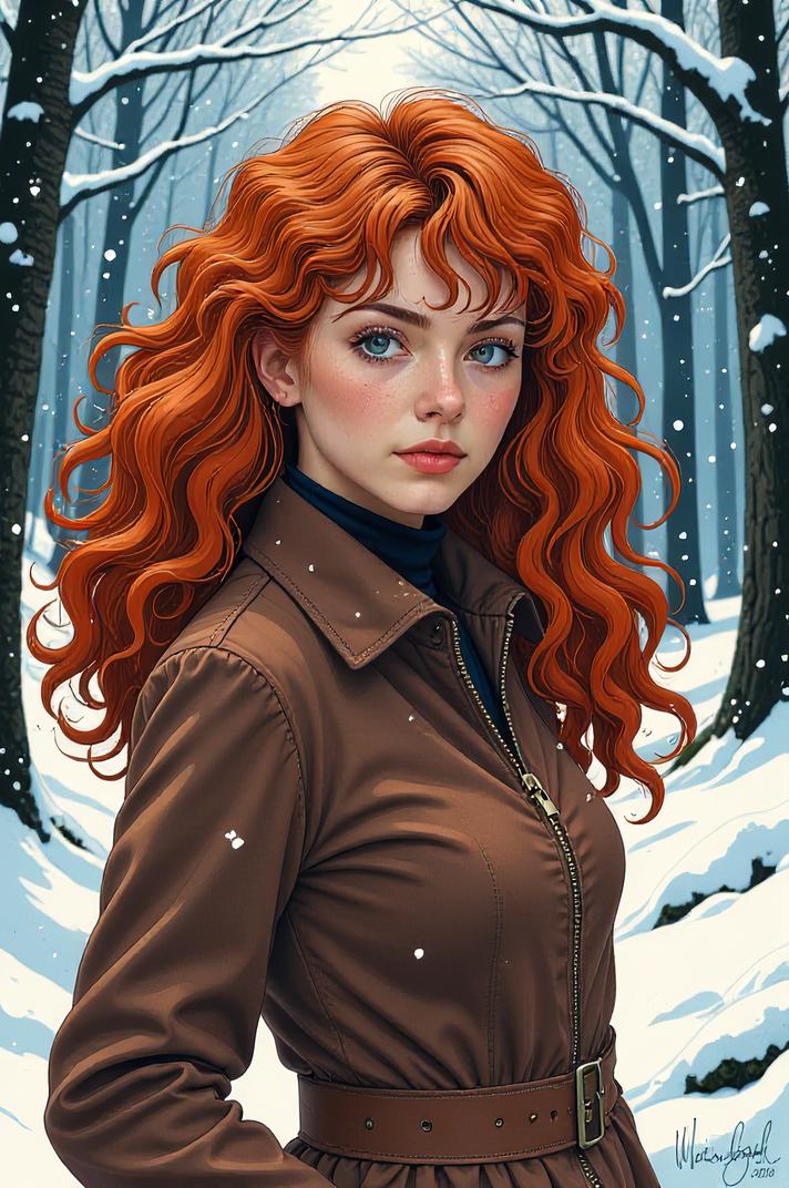 Anime style s English Setter from Dune universe, Rachel Curly salmon hair, winter, ground level shot