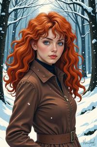 Anime style s English Setter from Dune universe, Rachel Curly salmon hair, winter, ground level shot