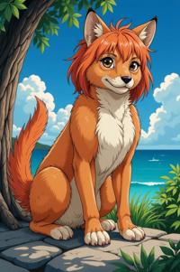 Anime style s Animals that start with L from Vertigo universe, Grungey copper hair, summer, knee level shot