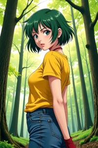 anime style masterpiece,best quality , Grungey moss green hair, spring