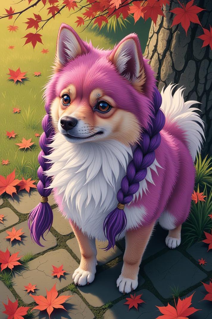 Anime style s Pomeranian Mix from Dune universe, Longer Braids purple hair, autumn, aerial view shot