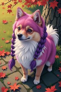 Anime style s Pomeranian Mix from Dune universe, Longer Braids purple hair, autumn, aerial view shot