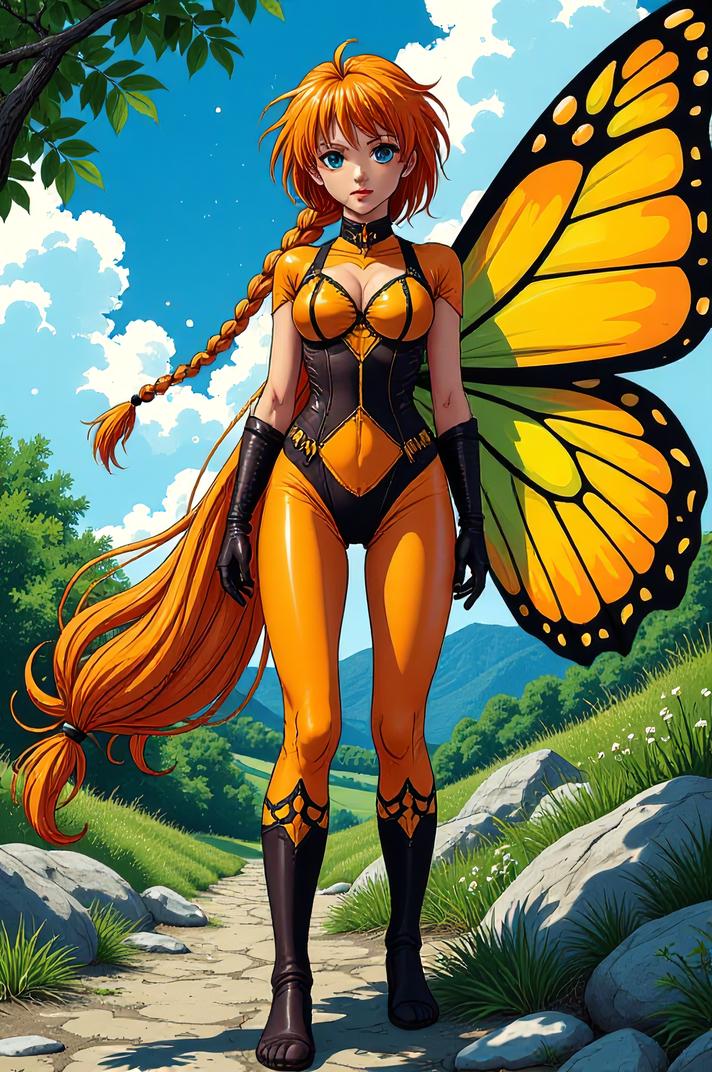 Anime style s Comet Moth from DC Comics universe, Longer Braids safety orange hair, summer, ground level shot