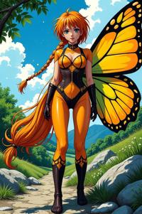 Anime style s Comet Moth from DC Comics universe, Longer Braids safety orange hair, summer, ground level shot