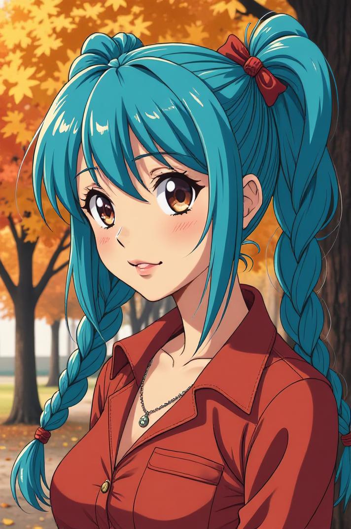 Anime style s Plott Hounds from Narcos universe, Pony Tail Braids powder blue hair, autumn, expressions shot