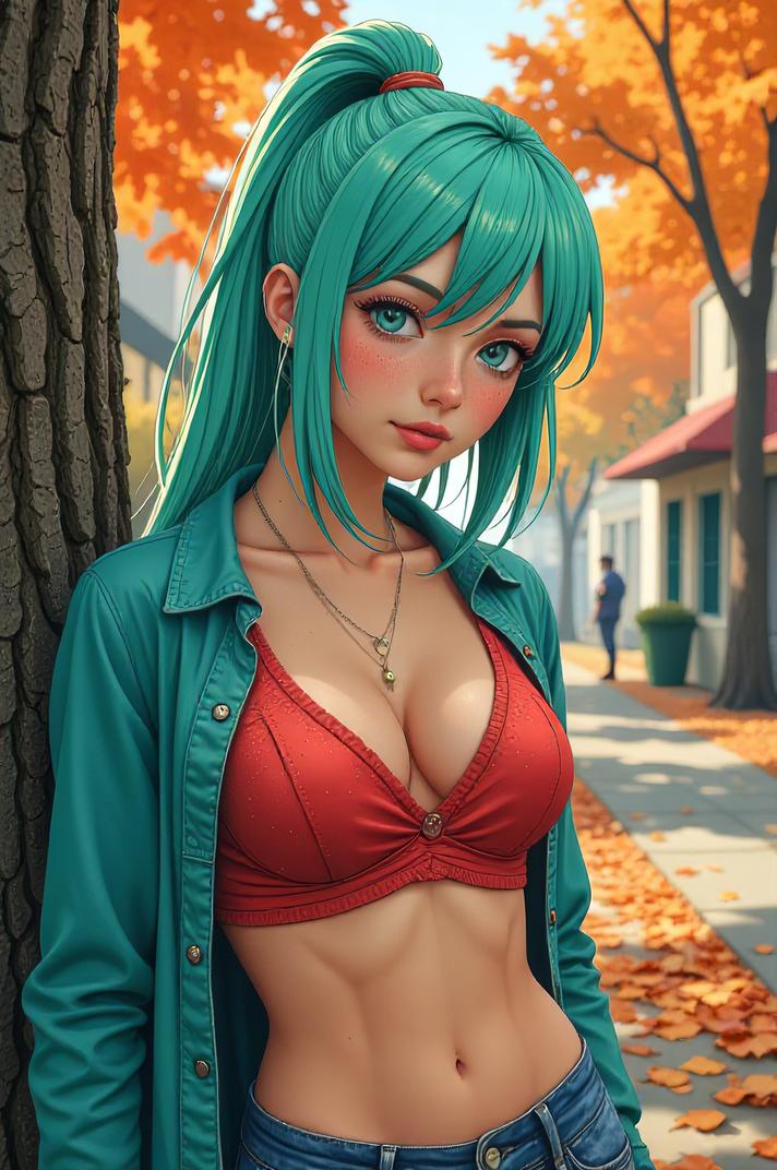 Anime style s Green Anole from GTA universe, That s all turquoise hair, autumn, ground level shot