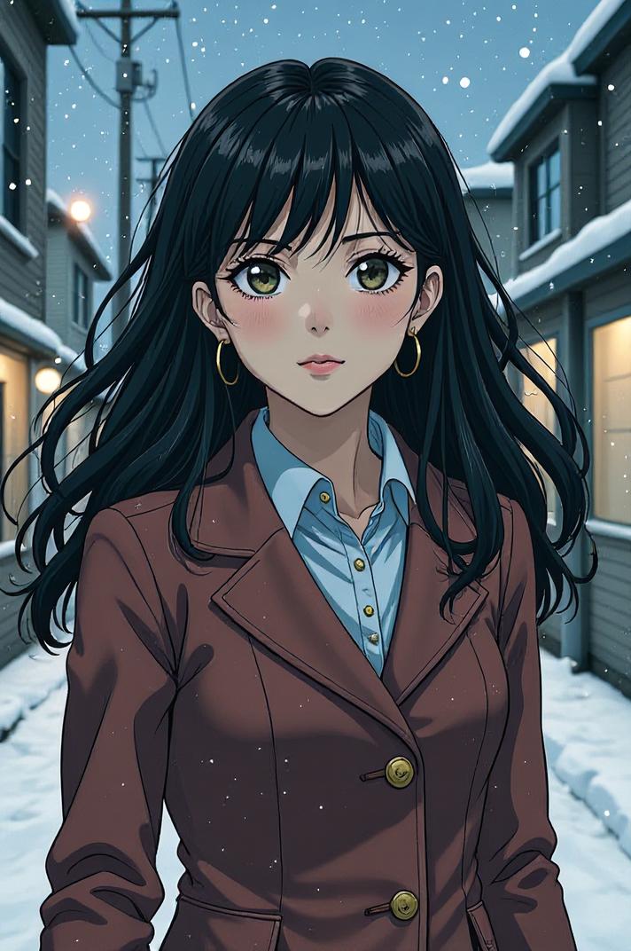 Anime style s Onager from Narcos universe, Rachel ivory hair, winter, from below shot