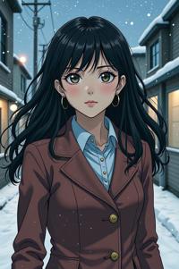Anime style s Onager from Narcos universe, Rachel ivory hair, winter, from below shot