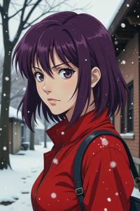 Anime style s Red Spitting Cobra from Kill Bill universe, Grungey eggplant hair, winter, shoulder level shot