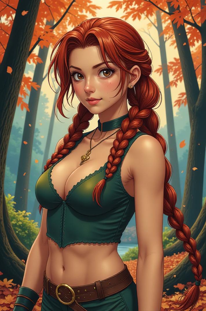 Anime style s Pelagornithidae from Mortal kombat universe, Longer Braids russet hair, autumn, full body shot