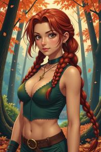Anime style s Pelagornithidae from Mortal kombat universe, Longer Braids russet hair, autumn, full body shot
