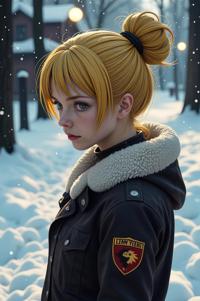 Anime style s Elasmotherium from Resident evil universe, Bun lemon hair, winter, high angle shot