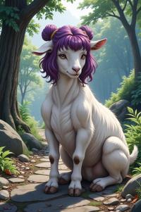 Anime style s Nigerian Goat from Resident evil universe, Bun Curly tyrian purple hair, summer, knee level shot