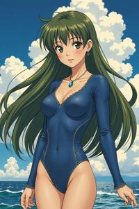Anime style s Blue Tang from Fargo universe, Long Center Parting olive hair, spring, full body shot