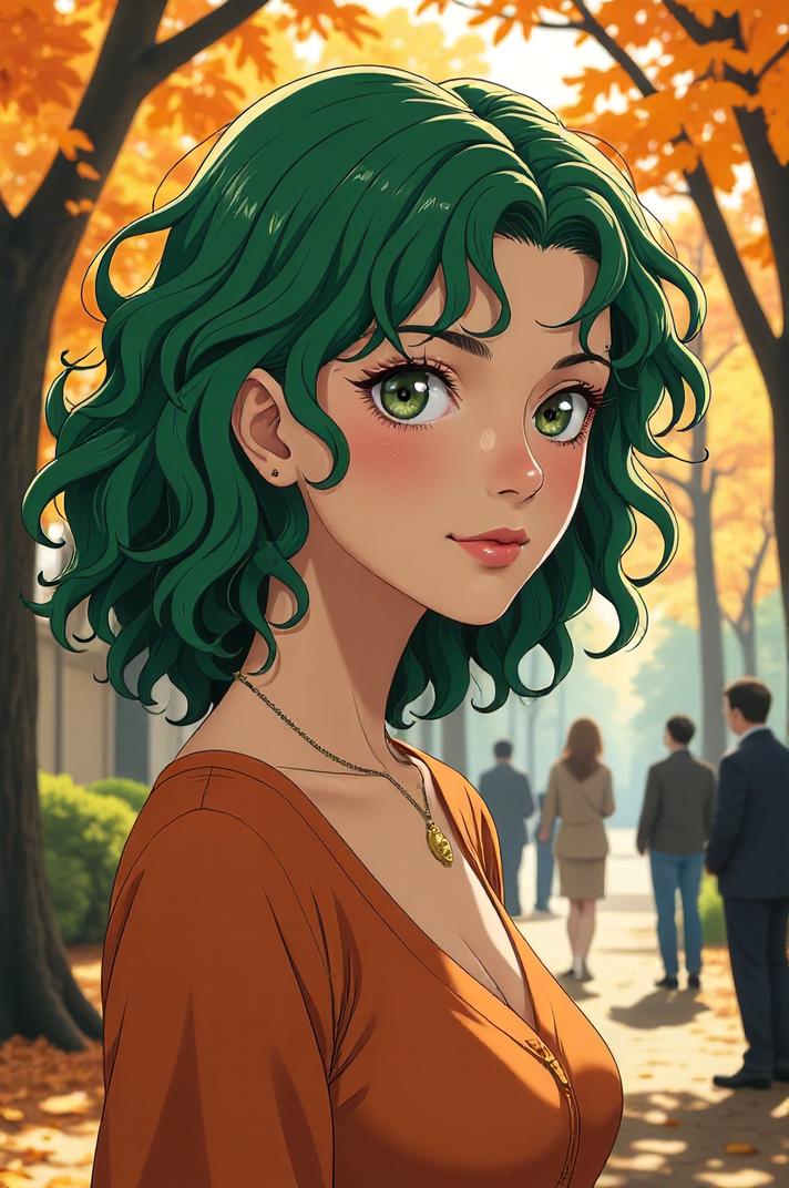 anime style masterpiece,best quality , Over Eye Curly moss green hair, autumn