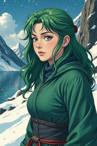 Anime style s Yellowfin Tuna from Game of Thrones universe, Lob emerald hair, winter, perspective shot