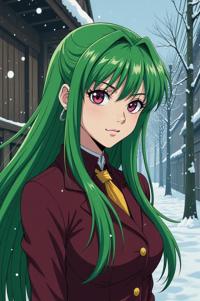 Anime style s Centipede from Game of Thrones universe, Long Center Parting office green hair, winter, shoulder level shot