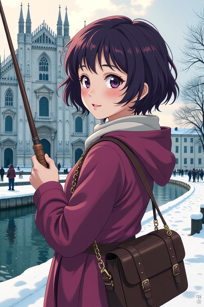 anime style masterpiece,best quality , Short Curly eggplant hair, winter