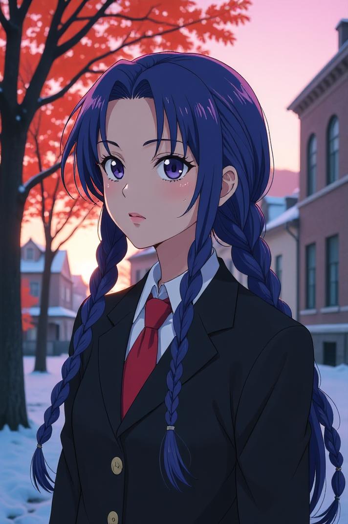 Anime style s West Siberian Laika from John Wick universe, Long Braids blue violet hair, autumn, looking away shot