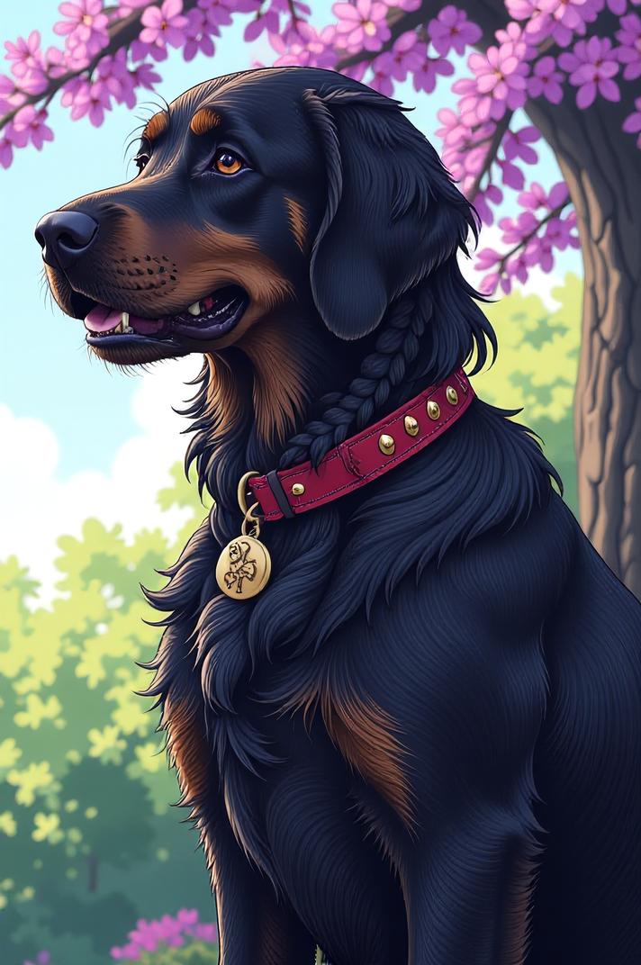 Anime style s Flat Coated Retriever from Narcos universe, Cornrows wisteria hair, spring, full body shot