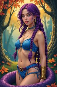 Anime style s Bolivian Anaconda from World of warcraft universe, Long Braids psychedelic purple hair, autumn, hip level shot