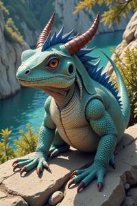 Anime style s Horned Lizard from Rocketman universe, Grungey Parted navy blue hair, spring, aerial view shot