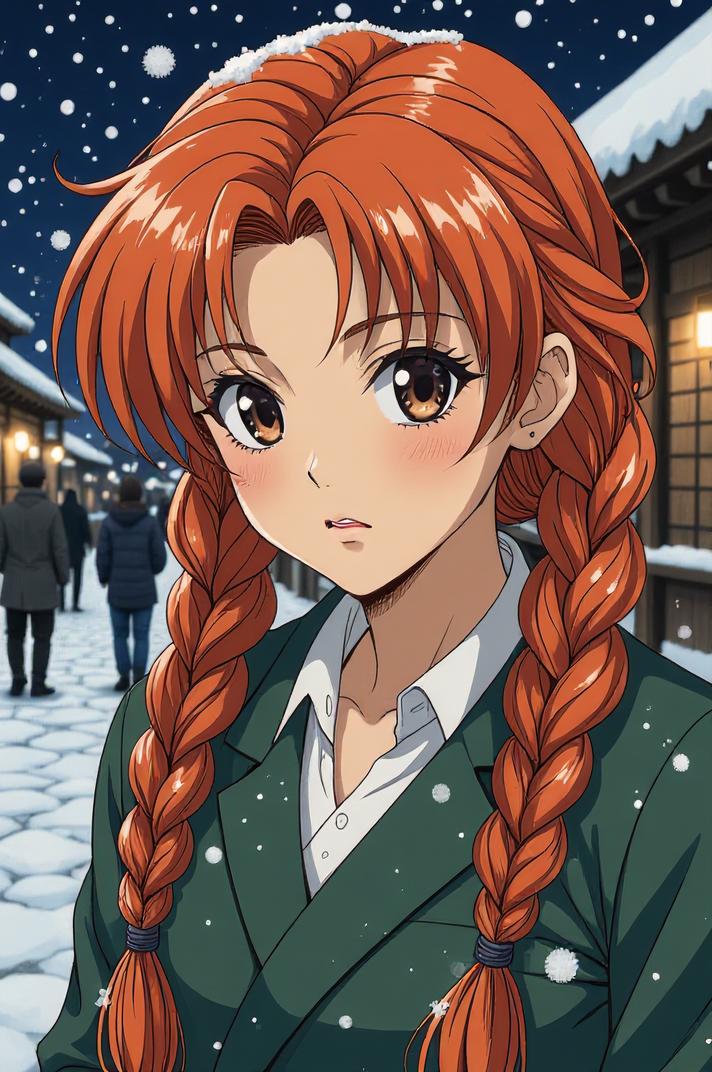 Anime style s Burmese from Moulin Rouge universe, Long Braids copper hair, winter, expressions shot