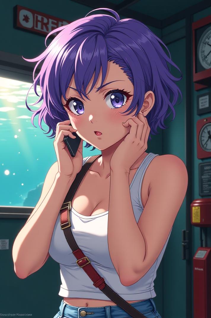 anime style masterpiece,best quality , Short Curly han purple hair, summer