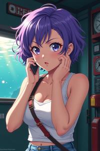 anime style masterpiece,best quality , Short Curly han purple hair, summer