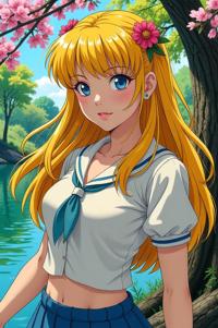 Anime style s Banded Water Snake from Lord of the Rings universe, Rachel Curly school bus yellow hair, spring, full body shot