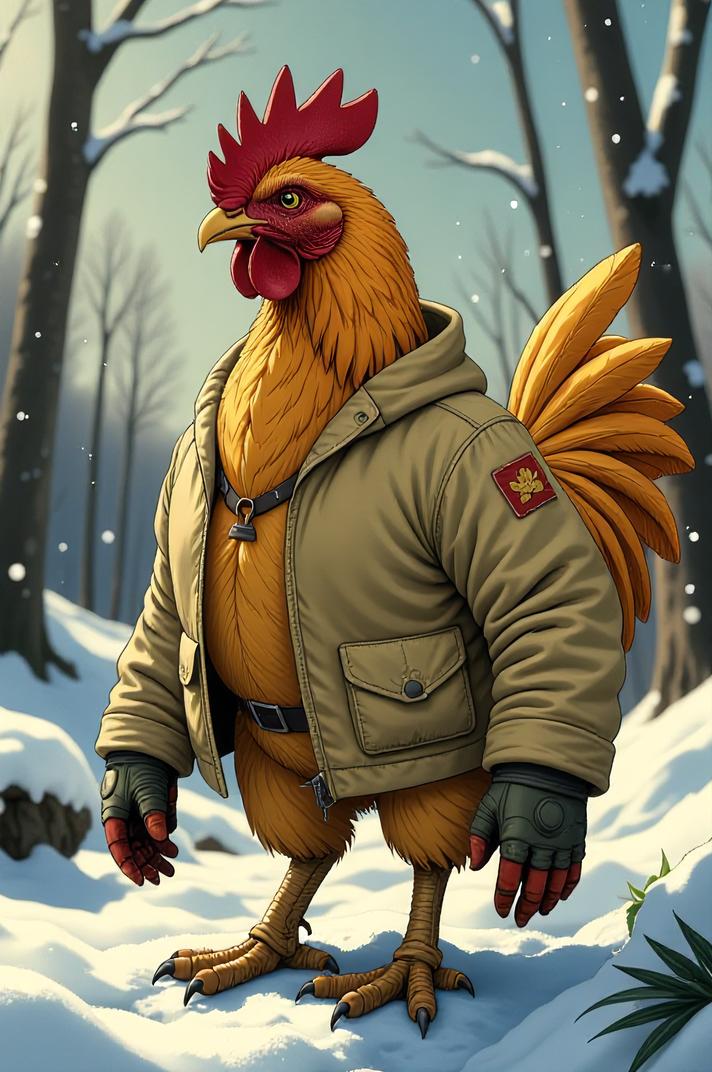 Anime style s Phoenix Chicken from Fallout universe, Bald cream hair, winter, from above shot